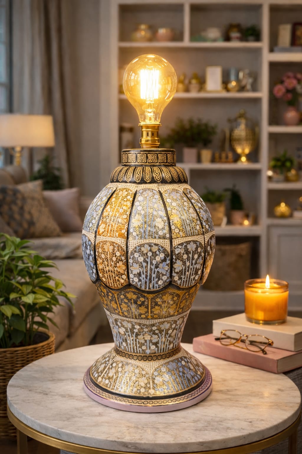 Kashmiri Handcrafted Papier Mache Table Lamp 12 Inch , Luxury Hand-Painted Home Décor Lamp 